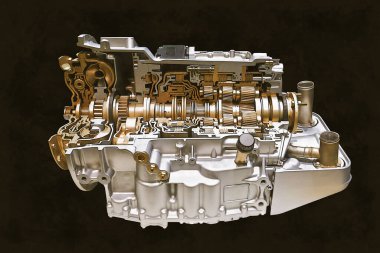 Modern bir araba motoru ve vites kutusunun çizimi. Çapraz bölüm