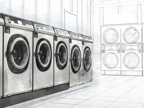 Illustratie Kunst Van Een Rij Industriële Wasmachines Een Openbare Wasserette — Stockfoto