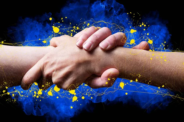 Manliga Och Kvinnliga Händer Tillsammans Och Ukranska Färg Flagga — Stockfoto