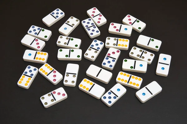 Lot Pieces Dominoes Black Table — Stock Photo, Image