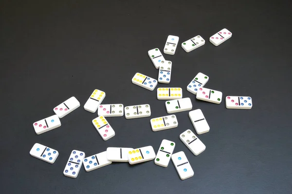 Lot Pieces Dominoes Black Table — Fotografia de Stock