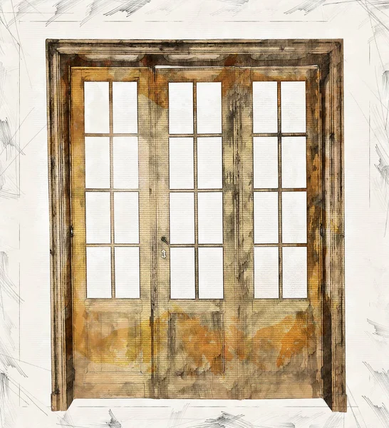 Wnętrze Wiek Drewniane Drzwi Iwith Okulary Ramki Izolowane — Zdjęcie stockowe
