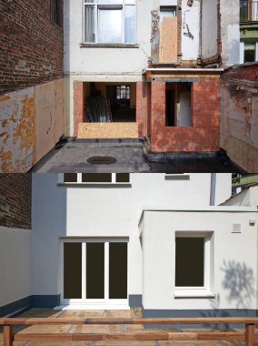 Backyard building facade repair and insulation before and after