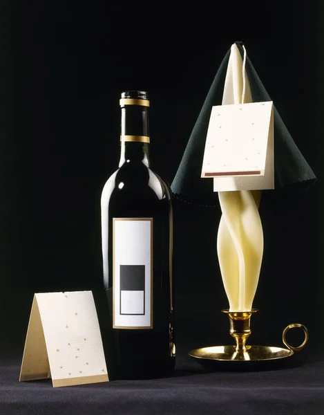 Red Wine Bottle Candle Greetings Card Black Background — 图库照片