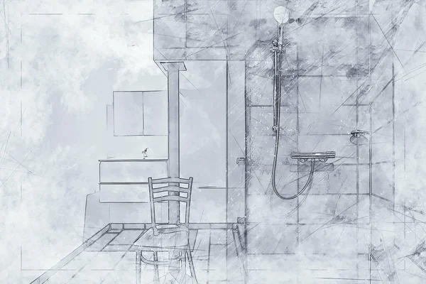 Illustration Rain Shower Bathroom Stone Tile Washroom — Φωτογραφία Αρχείου