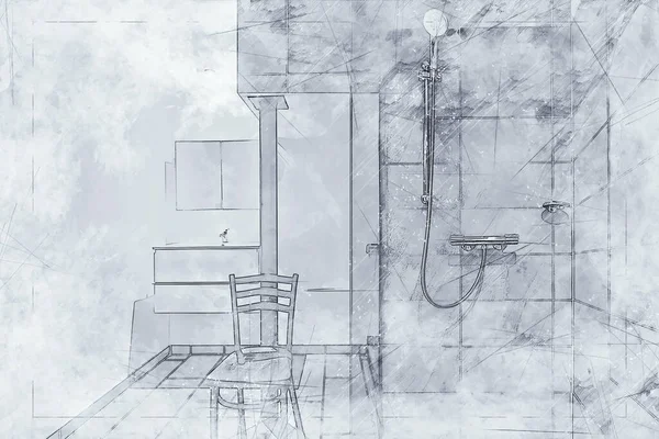 Illustration of a Rain shower bathroom with stone tile in washroom