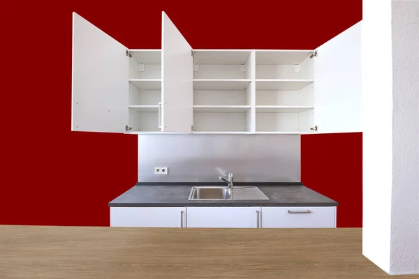 Minimalist Swedish Furniture Kitchen Shelves Open Wooden Counter — 스톡 사진