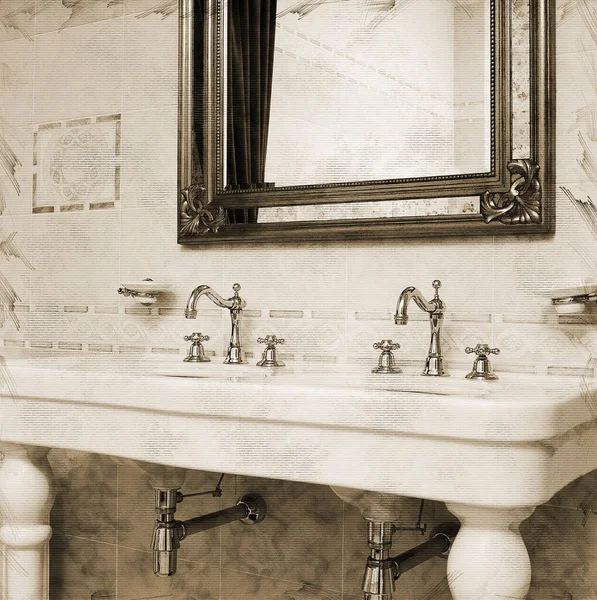 Illustration Sepia Old Vintage Dubbel Washbasins Tiled Wall — Stok fotoğraf