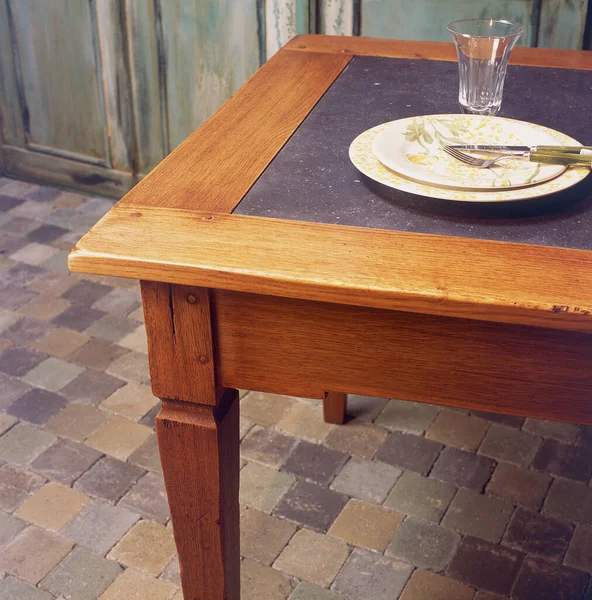 Corner Wood Marble Table Plates Glass — Zdjęcie stockowe