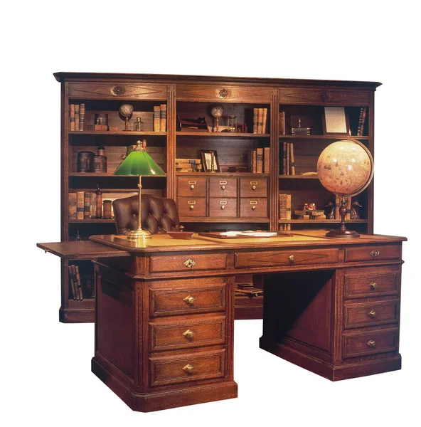 Antique Wooden Desk Library Isolated White Clipping Path — ストック写真