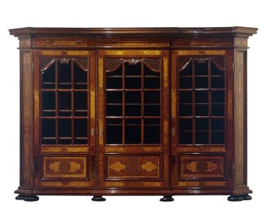 Antique huge empty wooden cabinet with glasses door isolated on white with clipping path