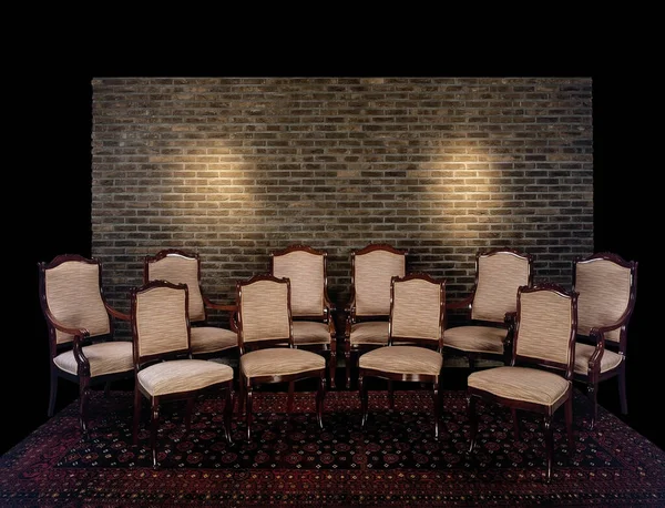 Set Empty Chairs Brick Wall Isolated Black Clipping Path — Stockfoto