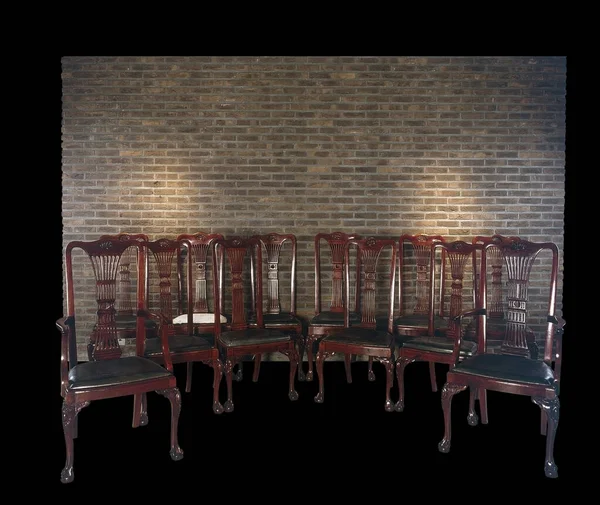 Set Empty Chairs Brick Wall Isolated Black Clipping Path — Stockfoto