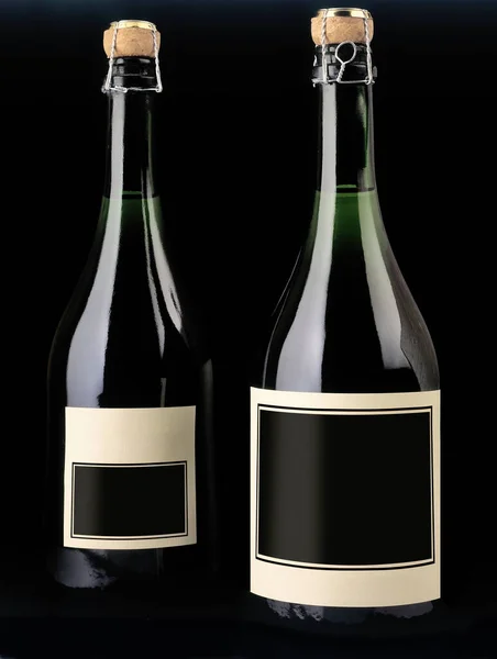 Two Bottle Champagne Blank Label Black Background — Fotografia de Stock
