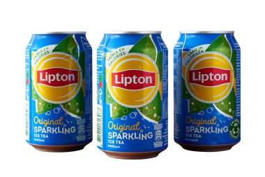 Brussels, Belgium -07 September 2022; Three Aluminum cans with sweet carbonated drink Lipton Ice Tea isolated on a white background, made for Belgium. Popular beverage brand