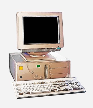 Illustration watercolor of a Nineties obsolete tower pc computer