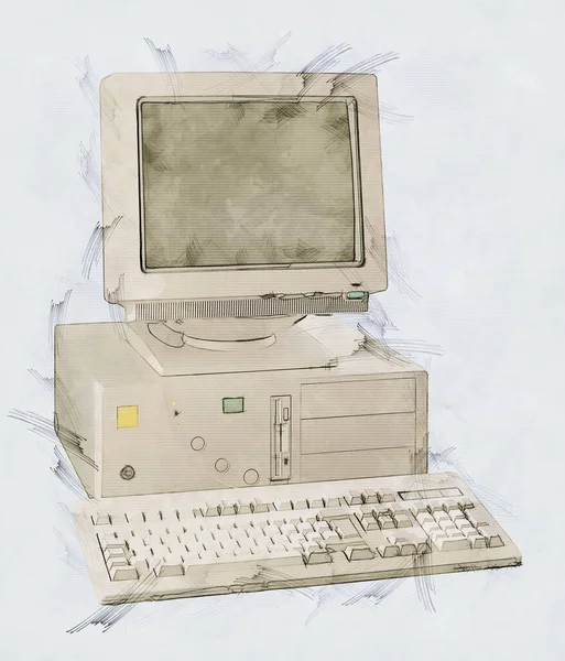 Illustration Sketch Nineties Obsolete Tower Computer — Fotografie, imagine de stoc