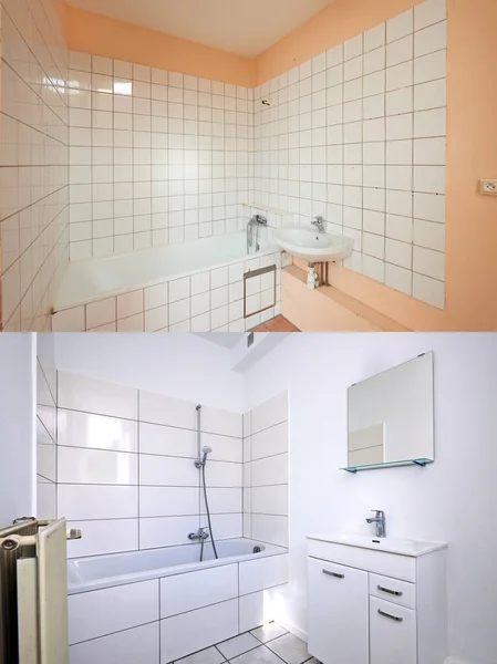 Vorher Nachher Blick Auf Ein Frisch Renoviertes Weißes Badezimmer — Stockfoto