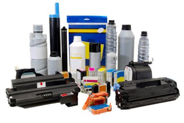 Colour toners and cartridges for printers. clipart