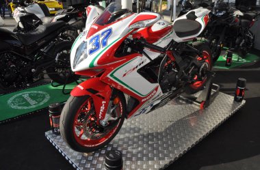 MV Agusta, F3 14 Eylül 2018 'de Kıbrıs Rum Kesimi' nin Limasol kentindeki Limasol marinasındaki motosiklet sergisinde.