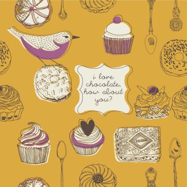 Sweet cakes and bird. seamless background clipart