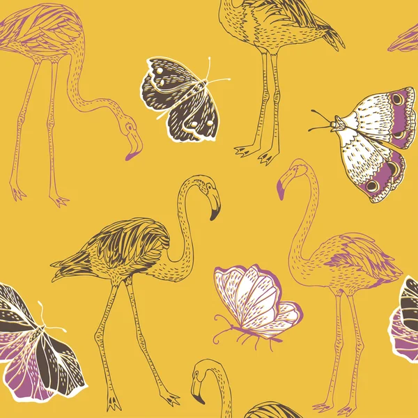 Flamant rose et papillons — Image vectorielle