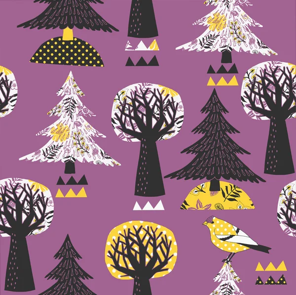 Forêt colorée avec carrelage sans couture oiseau — Image vectorielle