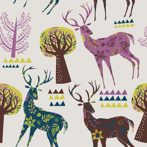 多彩森林与鹿装饰平铺图案 — 图库矢量图片