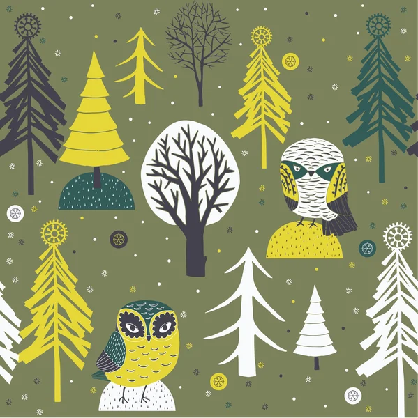 Christmas forest met schattige uilen — Stockvector