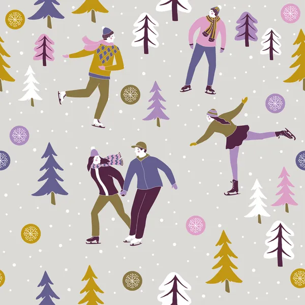 Patinadores de hielo disfrutando de la temporada festiva de invierno — Vector de stock