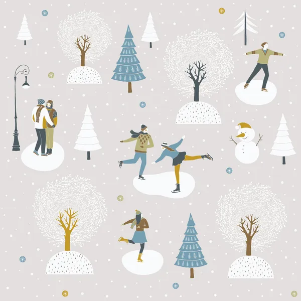 Patineurs de glace profitant de la saison des fêtes d'hiver — Image vectorielle