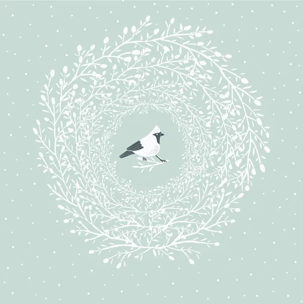 Lindo pajarito en la corona de Navidad — Vector de stock