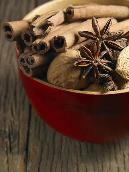 Cinnamon, anise and walnut — Stock Photo, Image