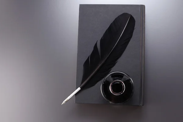 Quill pen, ink goed en boek — Stockfoto