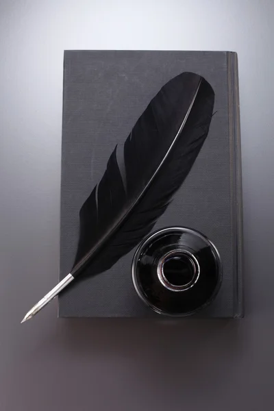 Pluma de pluma, tinta bien y libro —  Fotos de Stock