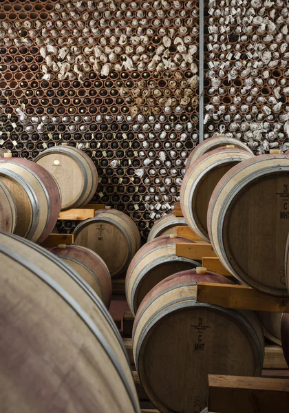 Barricas de vino de madera en bodega — Foto de Stock