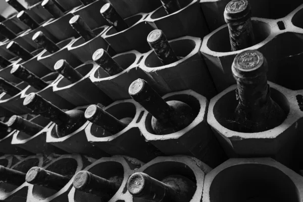 Old red wine bottles aging in a wine cellar — Stock Photo, Image