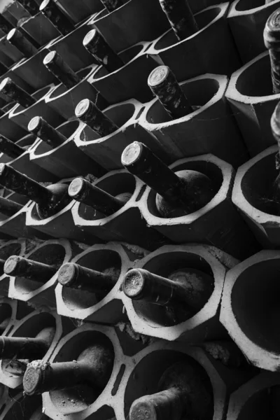Old red wine bottles aging in a wine cellar — Stock Photo, Image