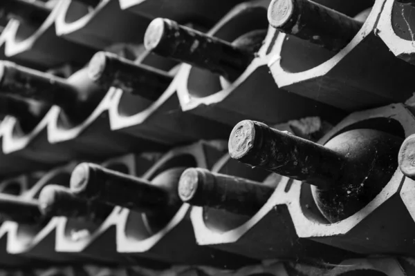 Alte Rotweinflaschen, die im Weinkeller reifen — Stockfoto