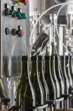 İtalya, Sicilya, şarap şişeleri yıkanmış ve şarap fabrikasında bir sanayi makinesi tarafından şarapla dolu hazır