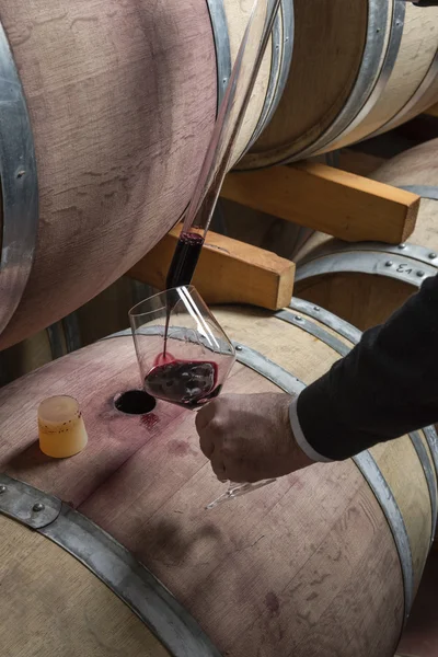 Italie, Sicile, vin rouge versé d'un tonneau en bois dans un verre dans une cave à vin — Photo