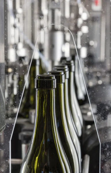 İtalya, Sicilya, şarap şişeleri yıkanmış ve şarap fabrikasında bir sanayi makinesi tarafından şarapla dolu hazır — Stok fotoğraf