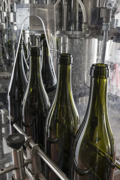 Yıkanmış ve şarap fabrikasında bir sanayi makinesi tarafından şarapla dolu İtalya, Sicilya, şarap şişe — Stok fotoğraf