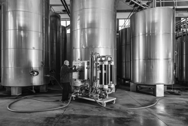 Italy, Sicily, Ragusa province, countryside, stainless steel wine containers in a wine factory — Stock Photo, Image