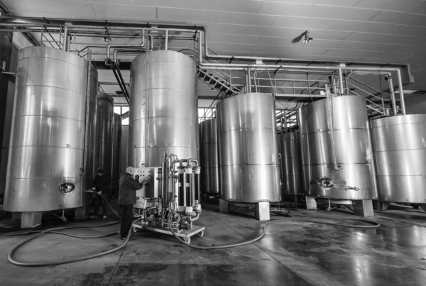 Italy, Sicily, Ragusa province, countryside, stainless steel wine containers in a wine factory — Stock Photo, Image