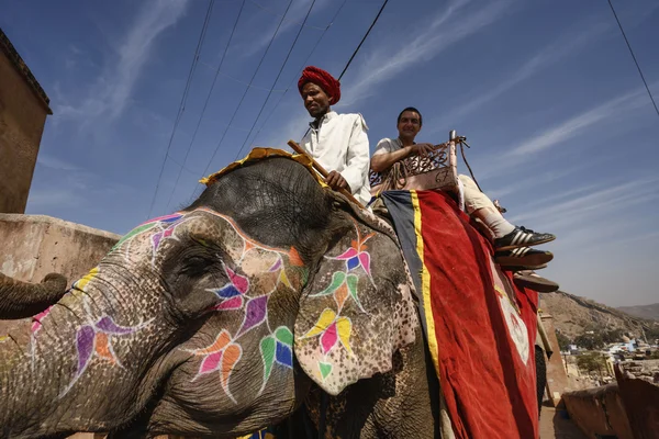 Indie, Radżastan, jaipur, zdobione słoń prowadzenie turystą w amber fort — Zdjęcie stockowe