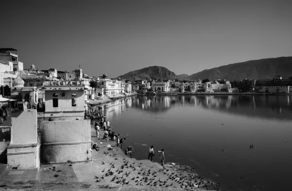 印度拉贾斯坦邦、 普什卡、 印度朝圣者神圣湖里洗个澡 — 图库照片