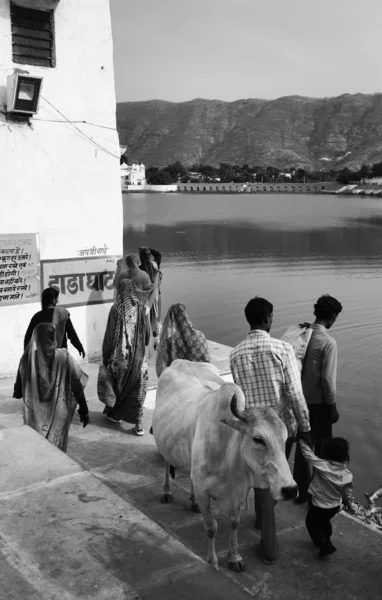 インドの巡礼者は神聖な湖に歩いてください。 — ストック写真