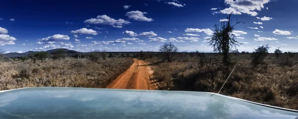 Kenya, Taita Hills National Park, panoramic view of the park from the roof of the safari jeep — Stock Photo, Image