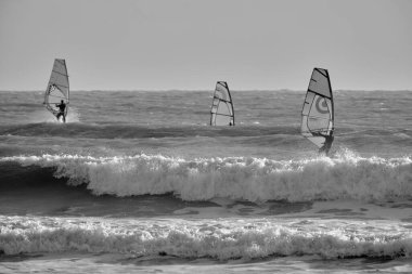 İtalya, Sicilya, Akdeniz, Marina di Ragusa (Ragusa ili); 7 Aralık 2021, denizde rüzgar sörfçüleri - EDITORIAL